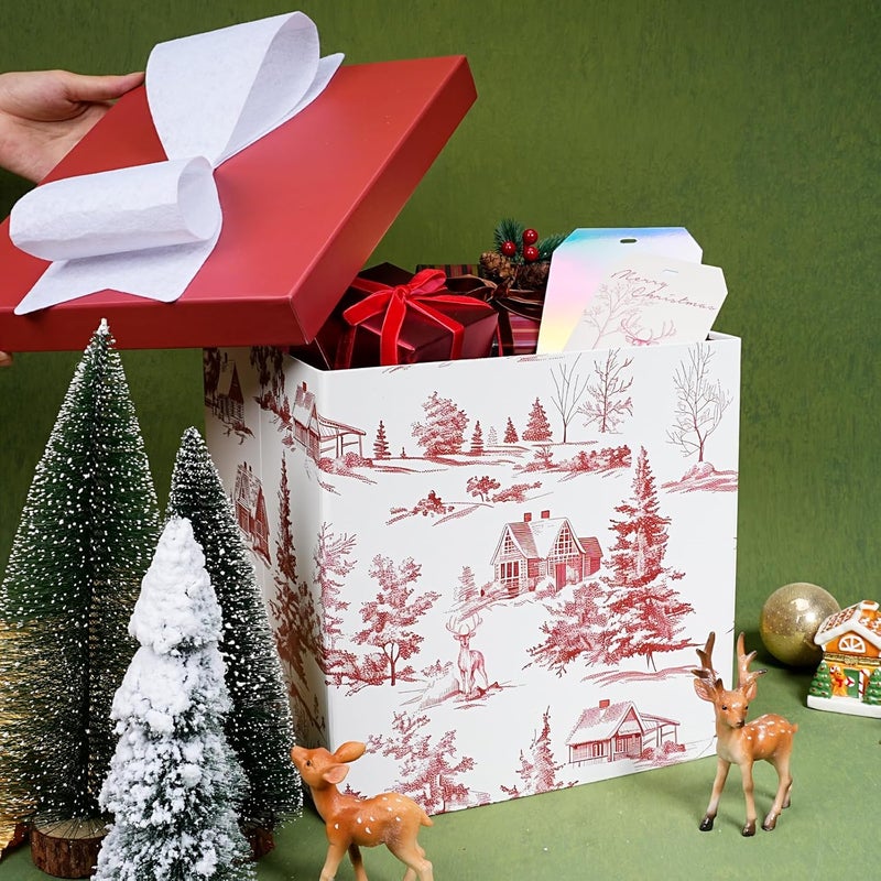 LaRibbons Large Christmas Gift Boxes with Lids, 10x10x10 Inches Winter Tree & Cabin Design Folding Square Gift Boxes for Holiday Decorative, Xmas, Present, Storage, Red - Image 4